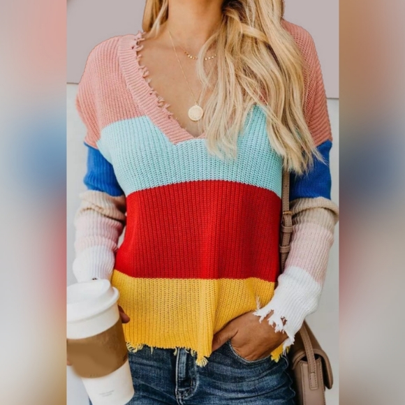 Sweaters - Distressed Rainbow Sweater